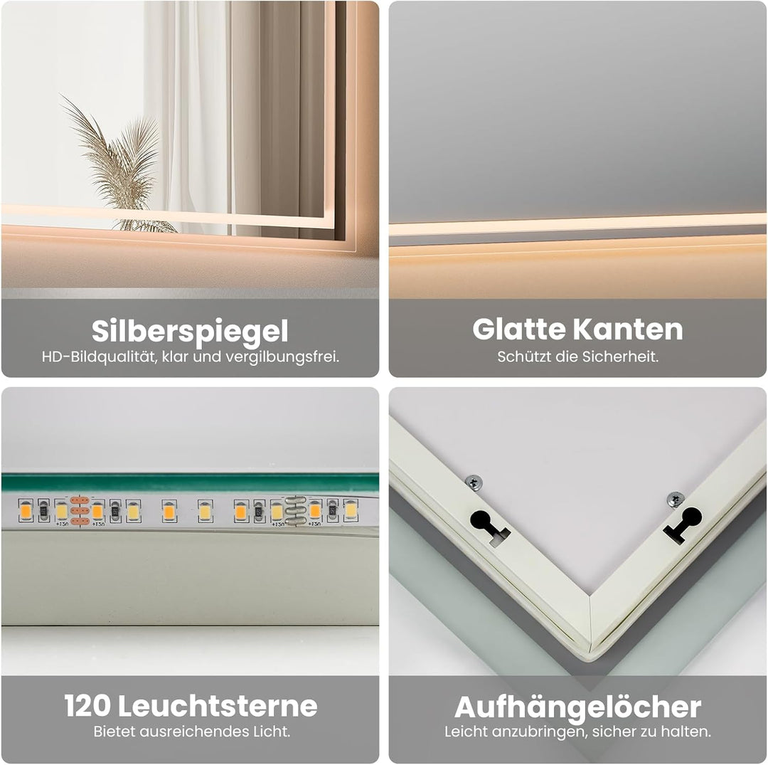 EMKE LED Badspiegel 80x60cm Badspiegel mit Beleuchtung Warmweiss Lichtspiegel Badezimmerspiegel Wand