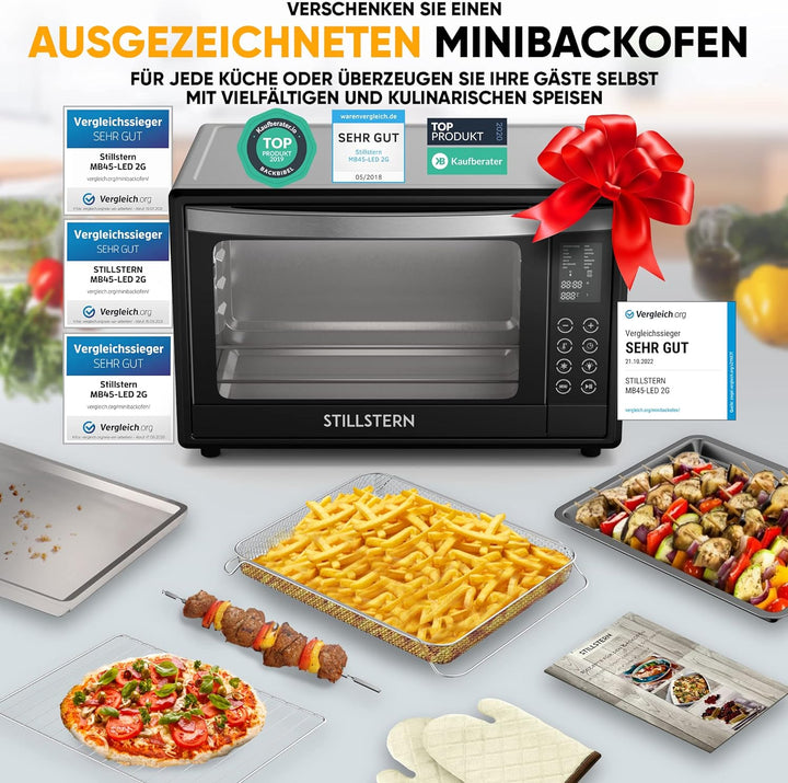 Stillstern Minibackofen mit Umluft (45L) Deutsche Version, 13 Programme, Zubehör 2x Backblech, Drehs
