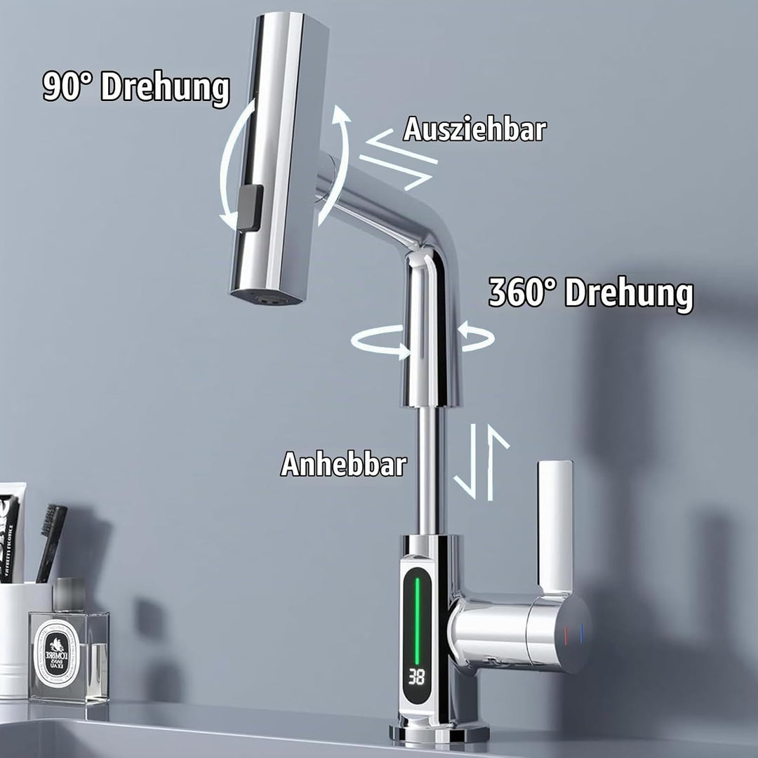 Wasserhahn Bad/Küche mit Ausziehbar Brause, LED Temperaturanzeige Waschtischarmatur Badezimmer mit 3