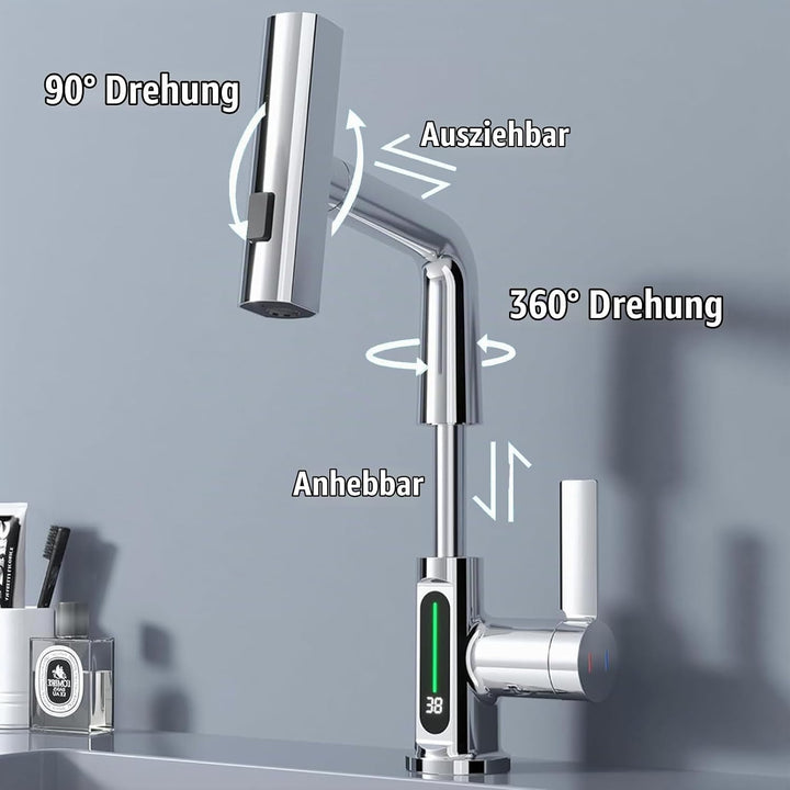 Wasserhahn Bad/Küche mit Ausziehbar Brause, LED Temperaturanzeige Waschtischarmatur Badezimmer mit 3