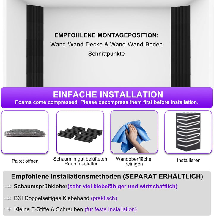 BXI Bass Traps - 12 Stück 10 X 10 X 30 cm Dichter Studio Bass-Schaumstoff Eckabsorber, Akustische Be