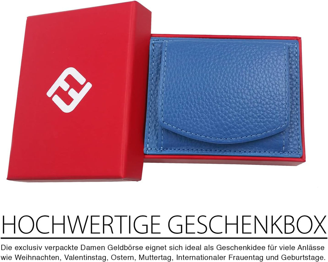 Mini Portemonnaie Damen mit Münzfach, Reise Geldbeutel, klein viele Fächer, Leder blau, RFID Blocker