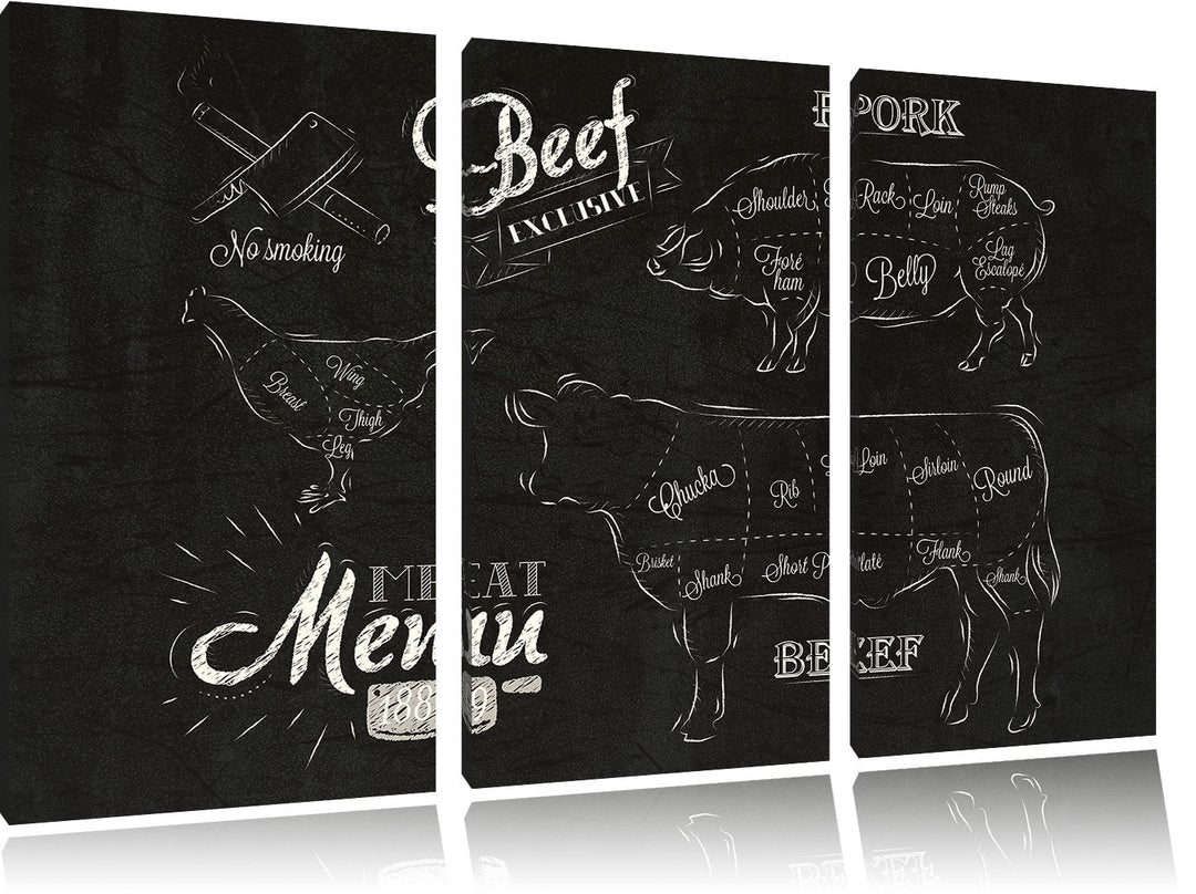 Pixxprint Meat Menu 1889 als Leinwandbild/Grösse: 3 Teilig (120x80) cm/Wandbild/Kunstdruck/fertig be