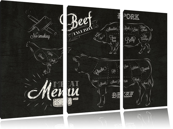 Pixxprint Meat Menu 1889 als Leinwandbild/Grösse: 3 Teilig (120x80) cm/Wandbild/Kunstdruck/fertig be