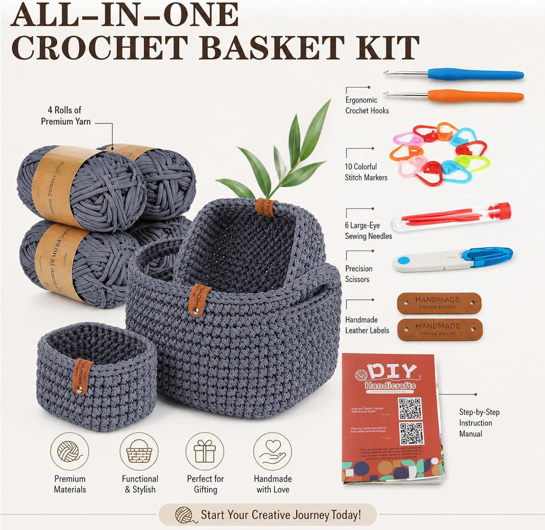 MIUUIPI Häkelset für Anfänger, 2Pcs Square Häkelkorb Häkelset, Komplettes Häkel Set, Korb Crochet Se
