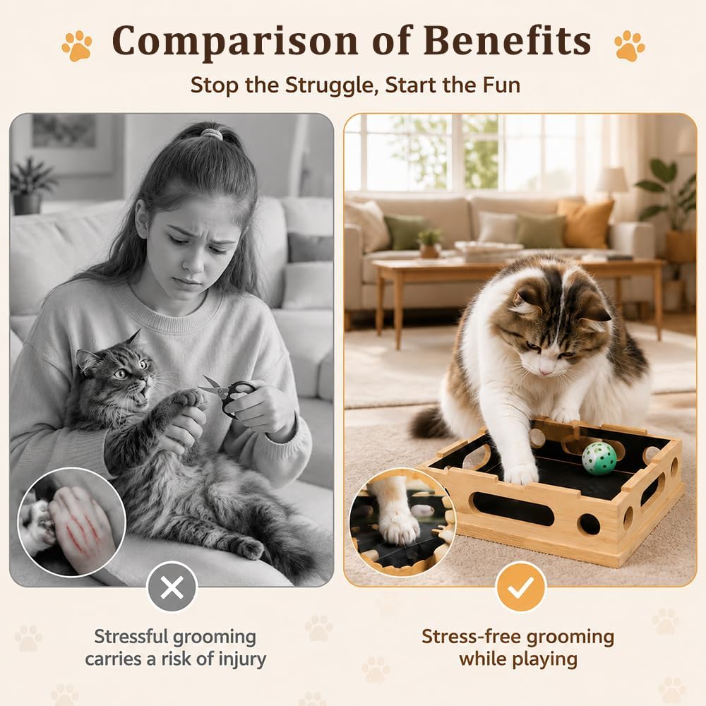2 in 1 Katzen Kratzpuzzle Box, Beschäftigungsbox Krallenfeile mit 3 Glockenbällen, Katzen Krallenpfl