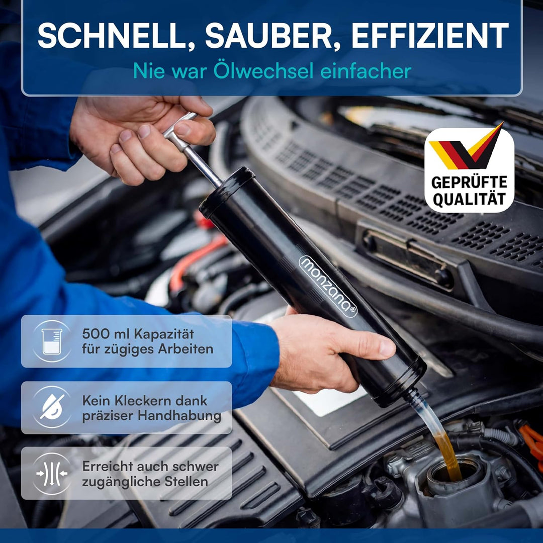 MONZANA® Ölabsaugpumpe 500 ml Volumen 300mm Schlauchlänge stabiles Metall T-Griff Ölpumpe Ölumfüllpu