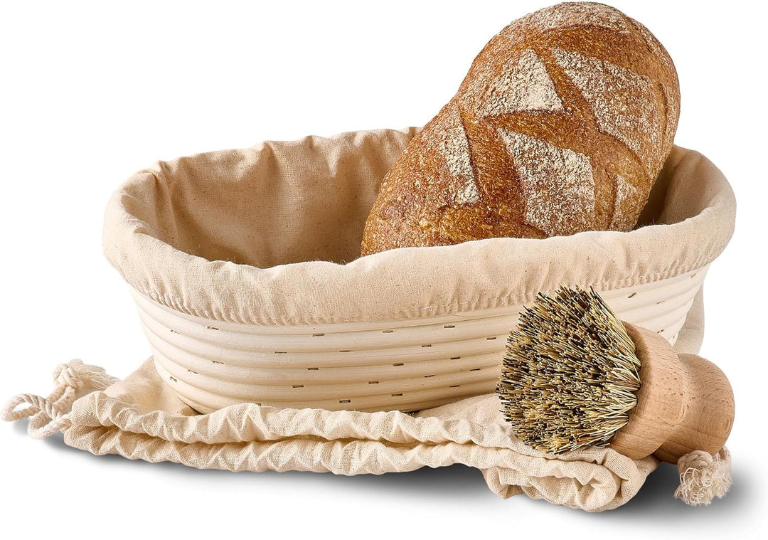 Praknu Gärkorb Oval 28cm - Set mit Bürste, Leinentuch & Brotbeutel - Brotkorb aus nachhaltigem Ratta