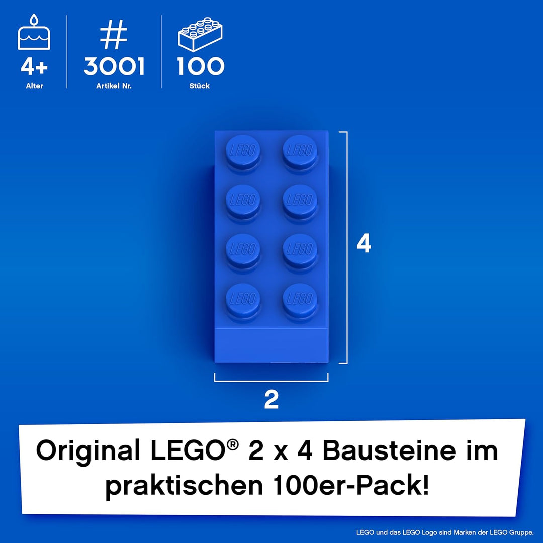 Lego Steine Classic, Blau, 2x4 Bausteine, 100 Stück - Einzelteile Starterset oder Erweiterung für Le