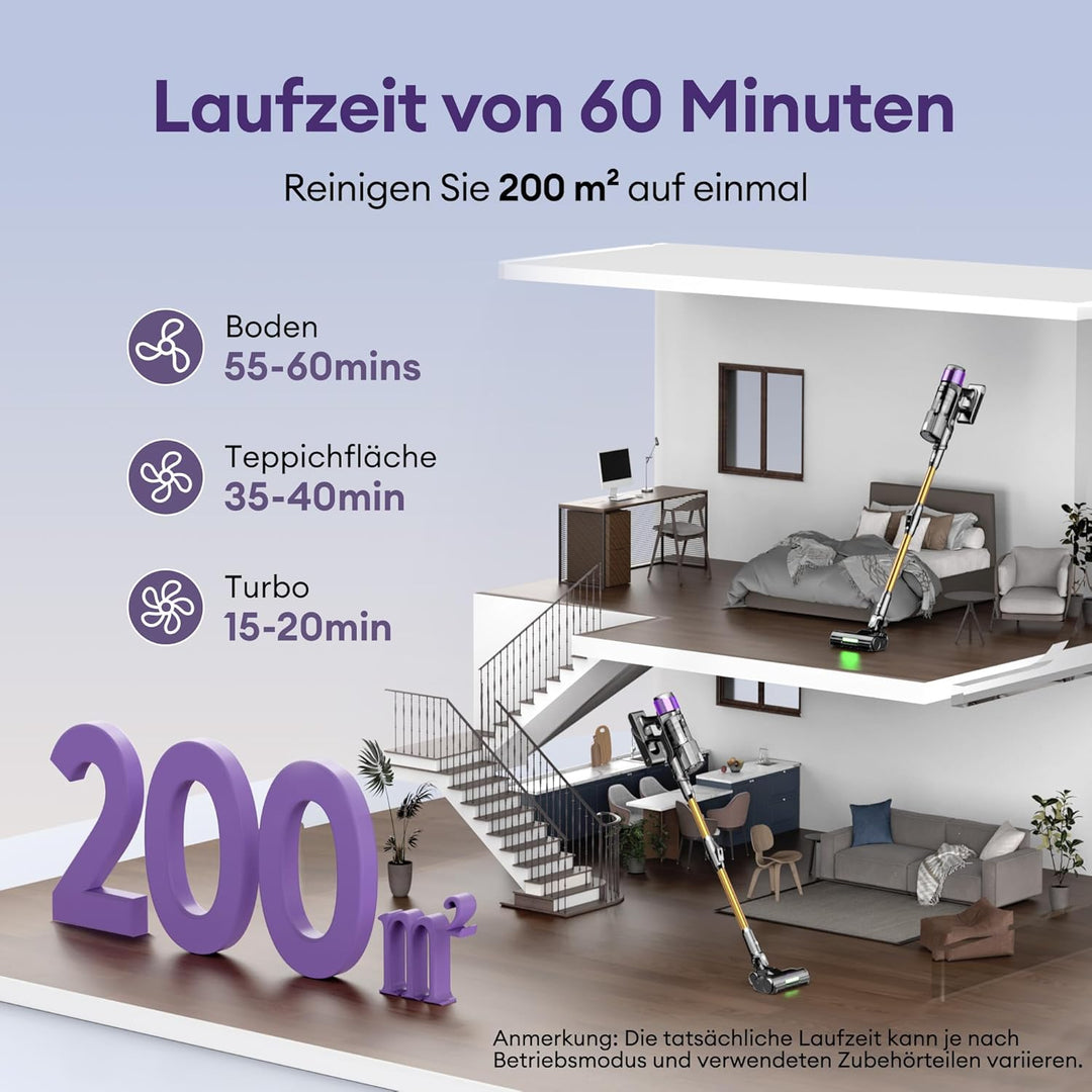 Ultenic Akku Staubsauger,55KPA/600W/60Mins Staubsauger Kabellos mit 180° klappbarem Rohr, 1,5L Gross