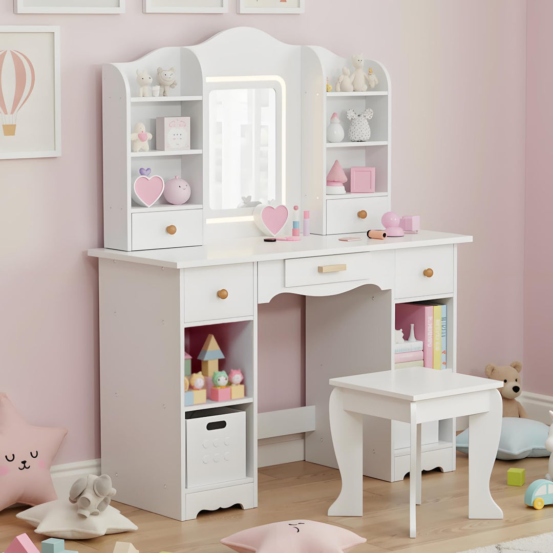 Clevich Schminktisch Kinder Set, Kinderschminktisch mit LED Beleuchtung, 5 Schubladen, 10 Staufächer
