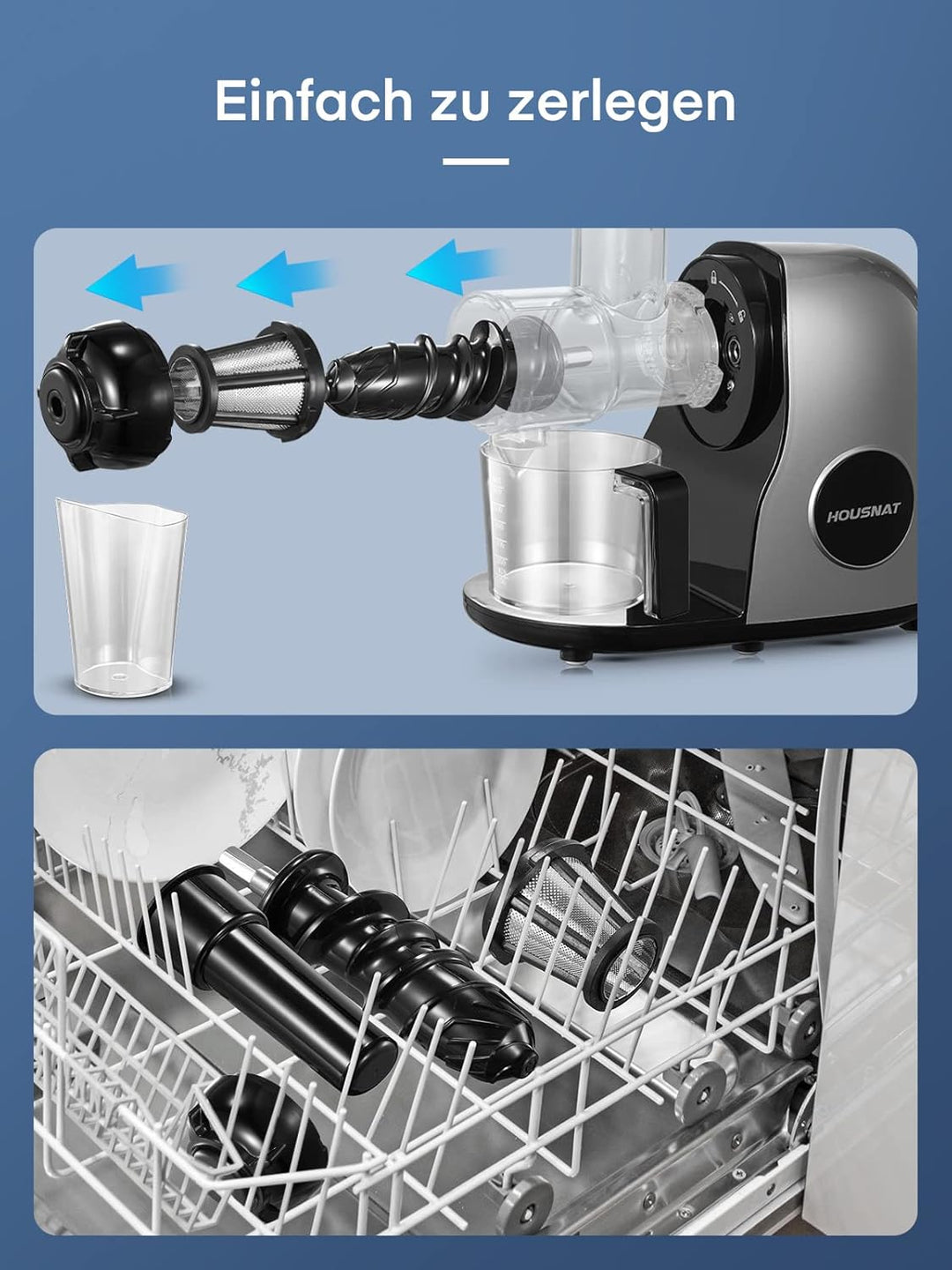 HOUSNAT Slow Juicer, Entsafter Gemüse und Obst, Profi Entsafter mit Ruhigem Motor │ Umkehrfunktion │