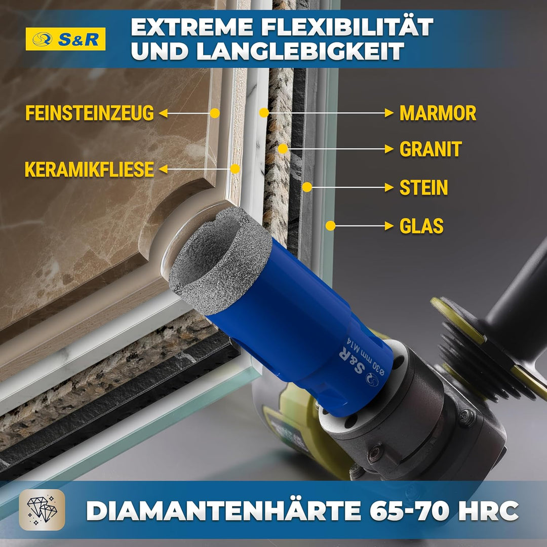 S&R Professional Diamant Fliesenbohrer 30 mm, Lochsäge für Fliesen M14 Gewinde, Diamant Bohrer Flies
