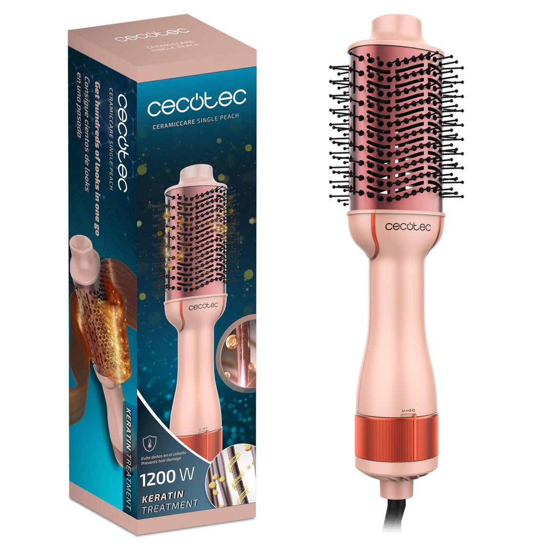 Cecotec Luftbürste CeramicCare Single Peach. 1200W, Entwirrt, trocken, Volumen, glättet und wellig,
