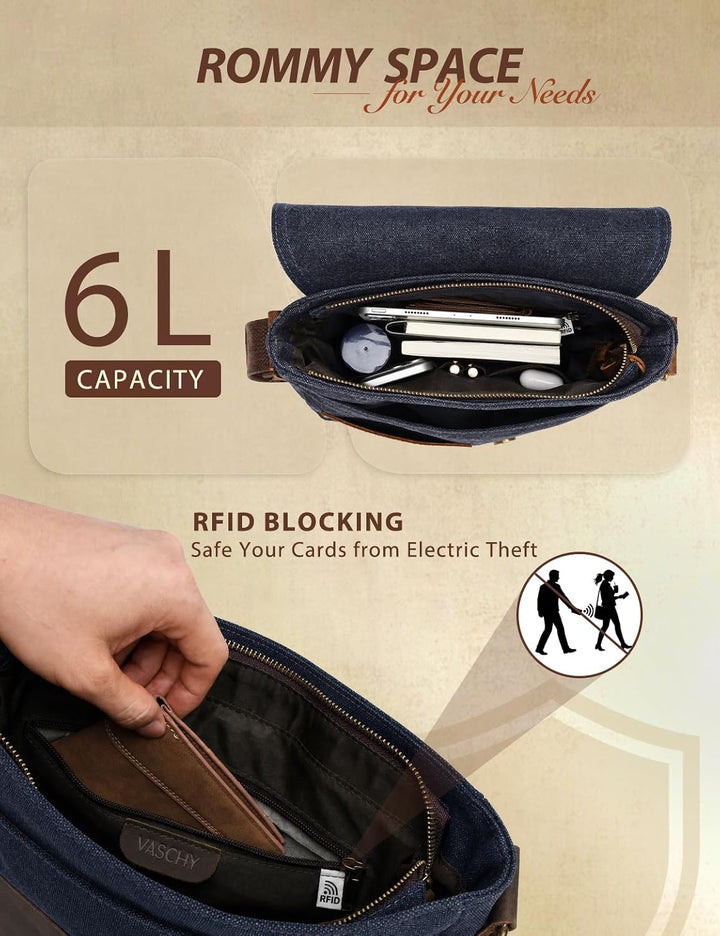 VASCHY Klein Umhängetasche Herren mit RFID-Schutz,Vintage Messenger Bag Herrentasche Schultertasche
