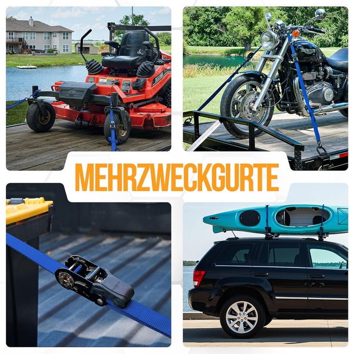 FORTEM Spanngurte, 1043 kg Bruchfestigkeit, 4 x 4,57 m Spanngurte mit Ratsche - 4 Weiche Zurrschlauf