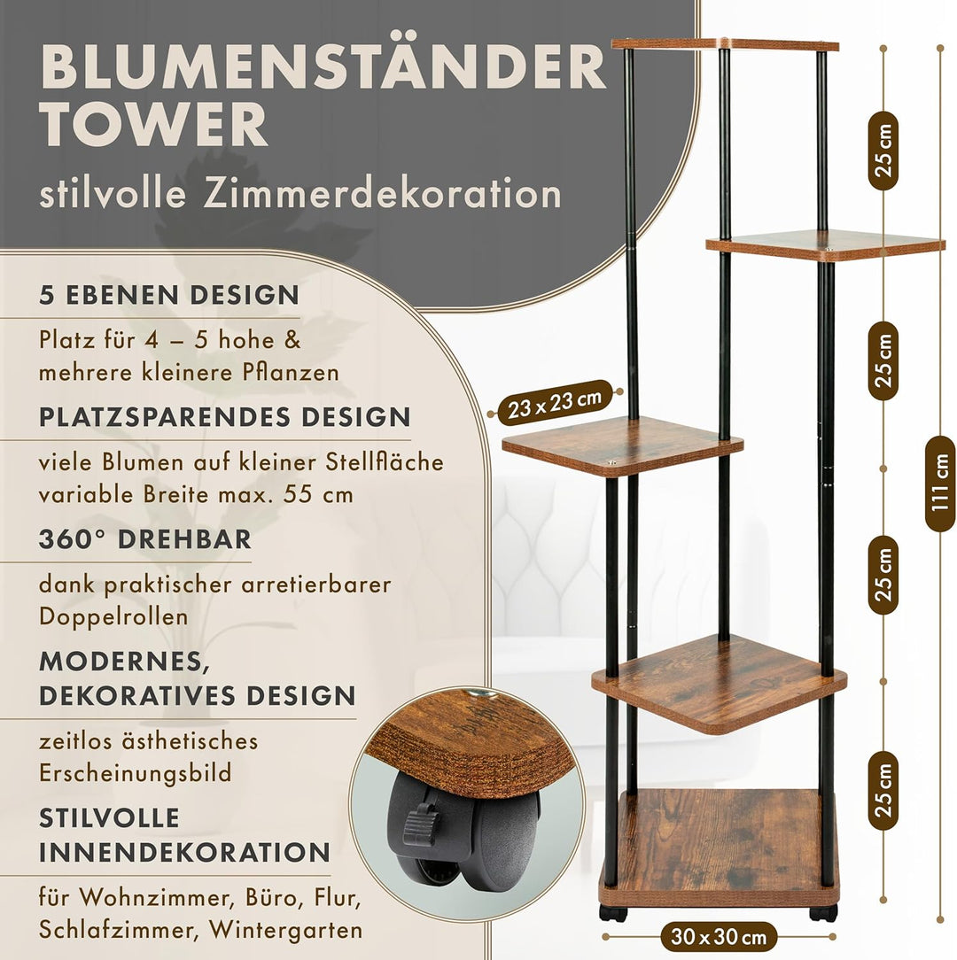 Pflanzenregal TOWER mit Rollen 5 Etagen - Blumenregal 112 cm hoch für Wohnzimmer - Design Pflanzenst