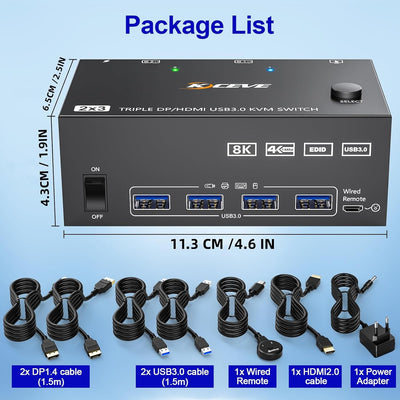 KVM Switch 2 PC 3 monitore 8K@60Hz 4K@144Hz, HDMI+2 Displayport KVM Switch Triple Monitor für 3 Moni