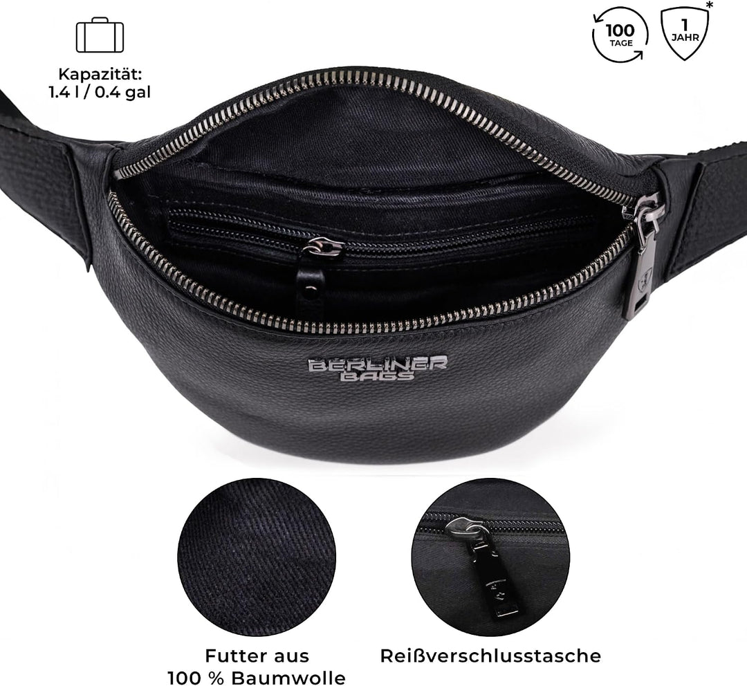 Berliner Bags Premium Bauchtasche Mona Fanny Pack aus Leder Umhängetasche Damen Herren (Schwarz), Sc
