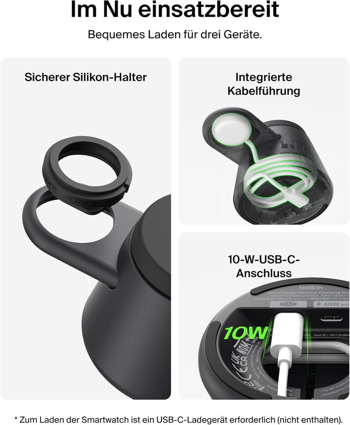 Belkin UltraCharge 3 in 1 Ladegerät, USB C Port für Smartwatch, Qi2.2 Wireless Charger, Induktive La