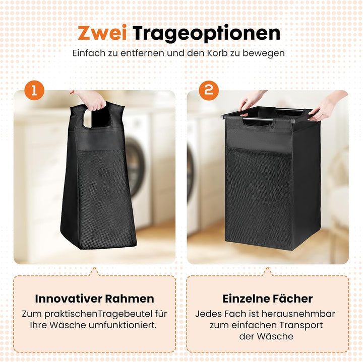 Sweetcrispy Wäschesammler mit Rollen, Wäschekorb 4 Fächer, 160 L, Schwarz | mit Ablage, 4 abnehmbare