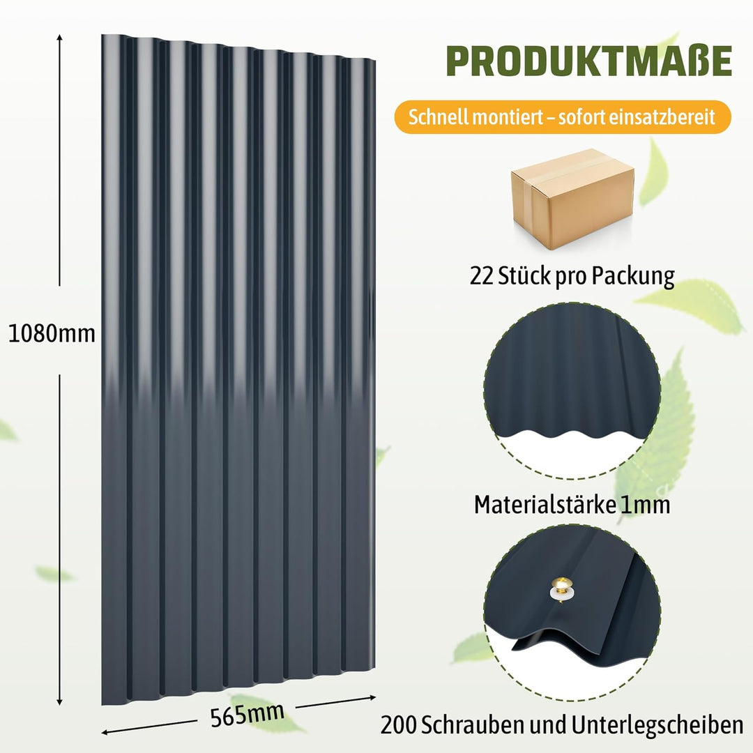 Thanaddo Wellplatten Anthrazit, 22er Set Wellplatte Dach Kunststoff Welldach mit Schrauben, wetterfe