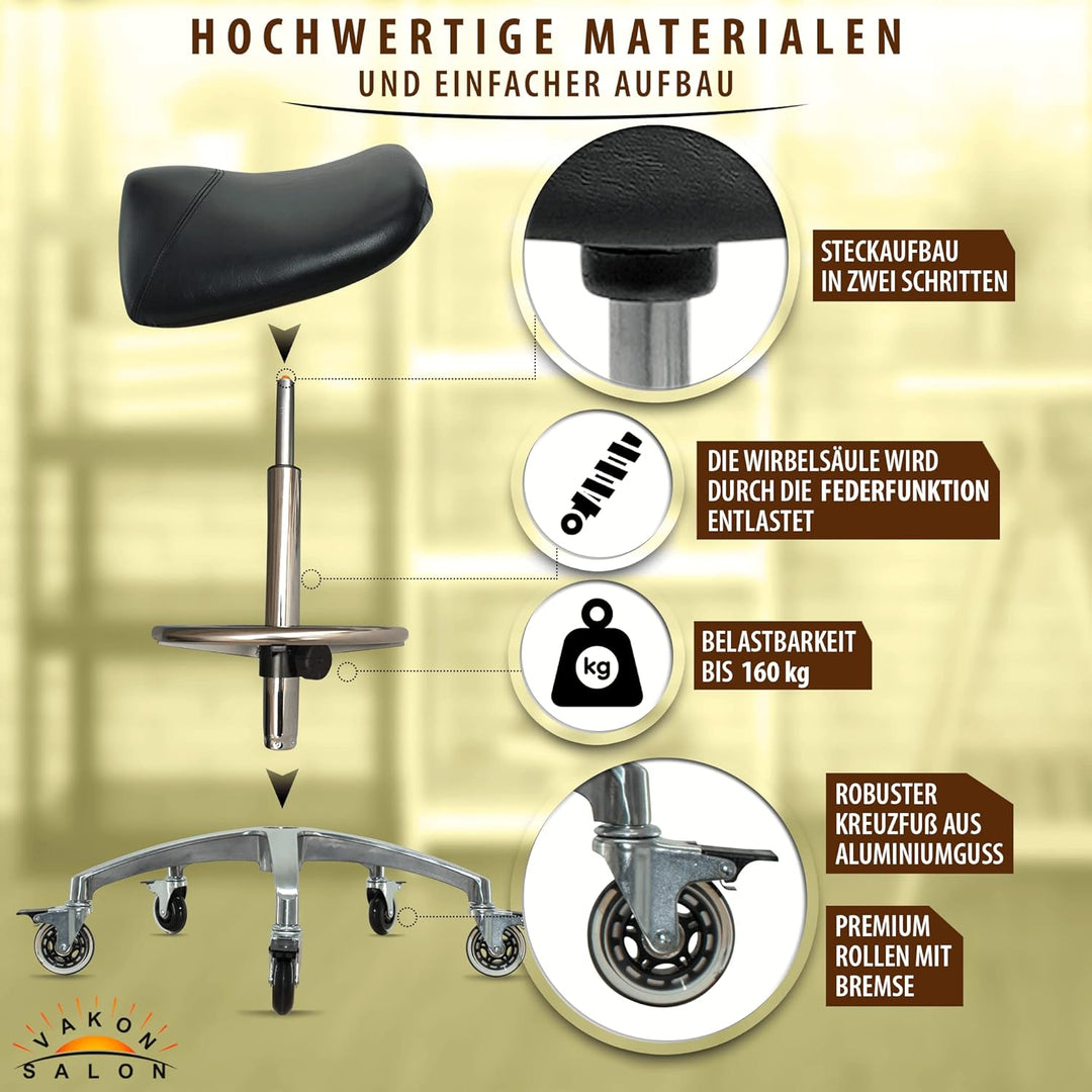 Premium Sattelhocker schwarz mit Bremse, Sattelstuhl für Rückenentlastung, Rollhocker höhenverstellb