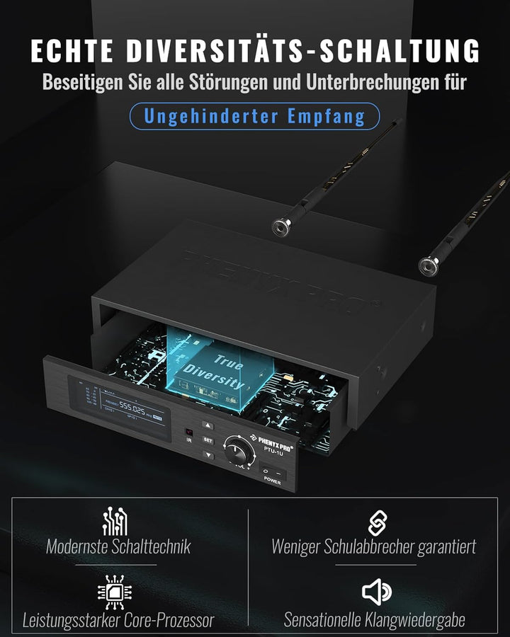 Phenyx Pro True Diversity Wireless Mikrofon System mit 1000 einstellbaren Kanälen, UHF professionell