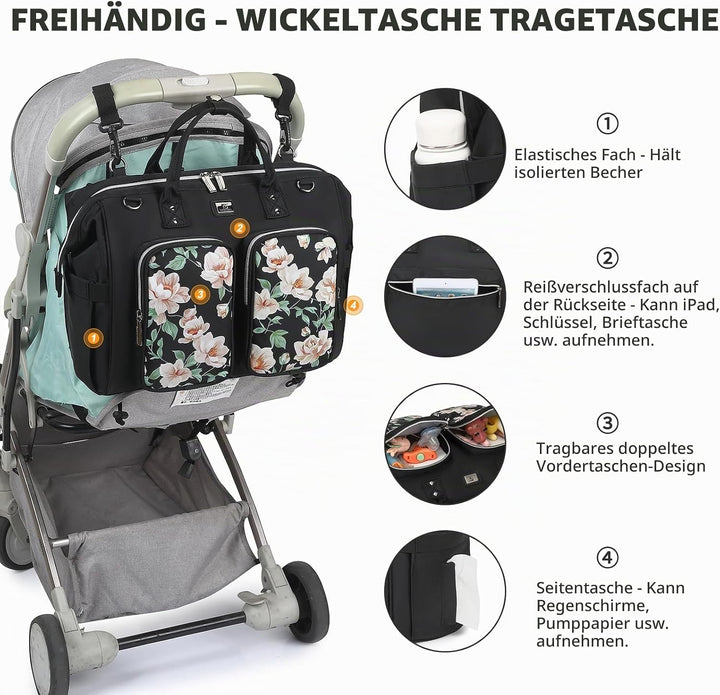 Pomelo Best Wickeltasche mit wasserdicher Wickelunterlage und 2 Kinderwagen Haken verstellbare Schul