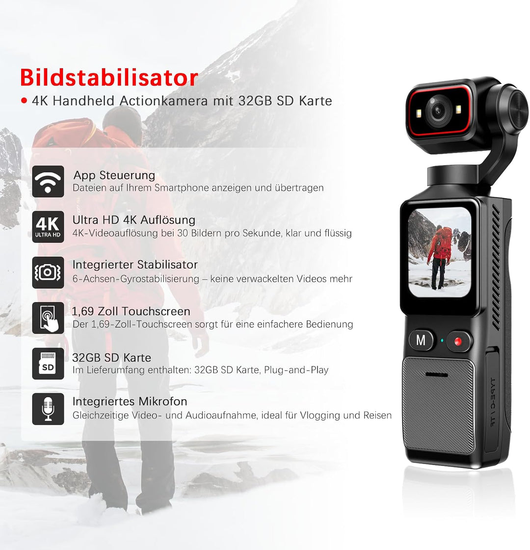 4K Mini Vlogging Camera Action Cam, Mini Pocket Vlog Kamera Live Übertragung Handy mit 32GB SD Karte