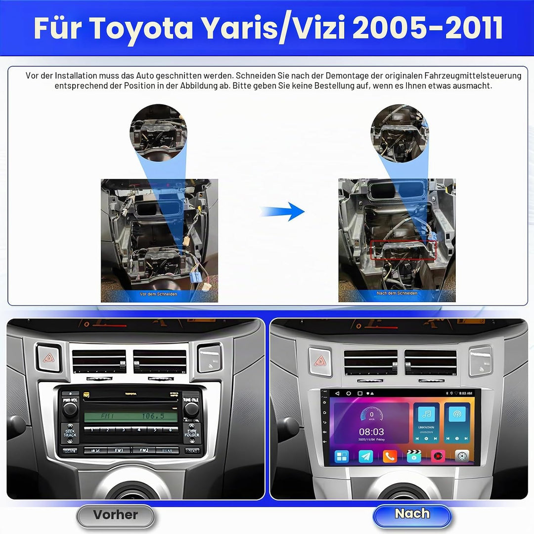 Radio für Toyota Yaris/Vizi 2005-2011 Android 15 2+64G mit Wireless CarPlay Android Auto, 9 Zoll Bil