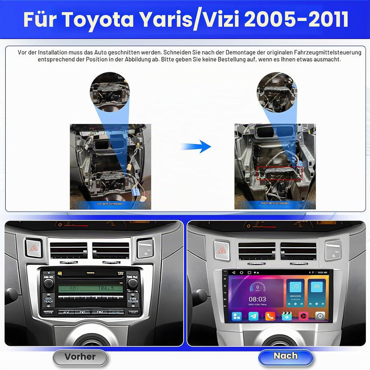 Radio für Toyota Yaris/Vizi 2005-2011 Android 15 2+64G mit Wireless CarPlay Android Auto, 9 Zoll Bil