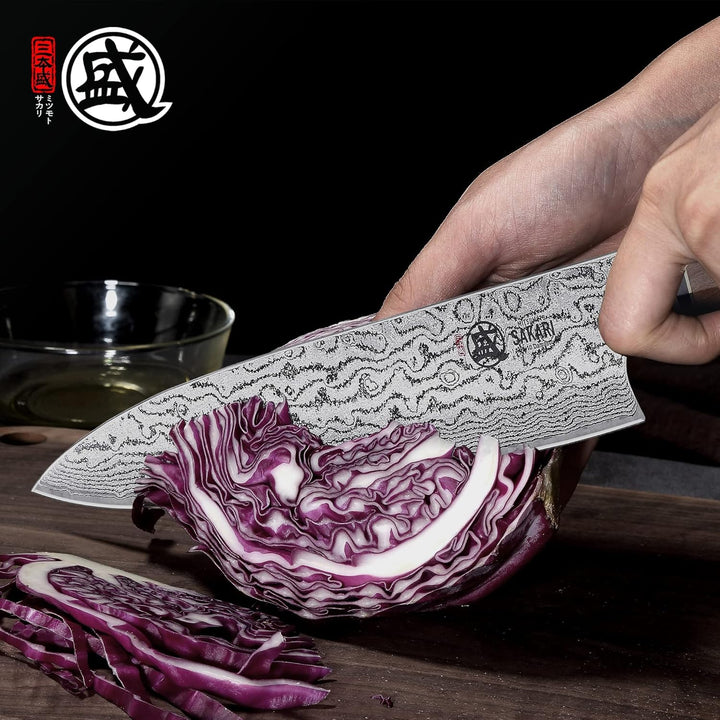 MITSUMOTO SAKARI 22 cm Japanisches Messer, AUS-10 Damaststahl Küchenmesser, Professionelles Handgesc