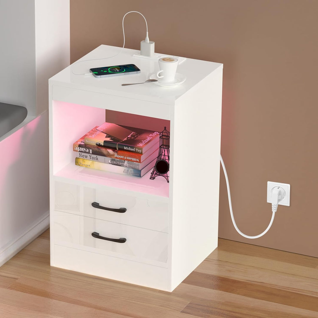 Lvhecforhm Nachttisch mit Steckdosen, Nachttisch Weiss Einstellbares Licht, Nachttische mit 2 Schubl