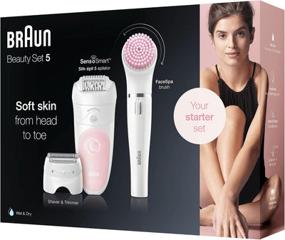 Braun Silk-épil 5 Beauty-Set, Epilierer Damen / Haarentferner, Aufsätze für Rasierer, Peeling, Reini