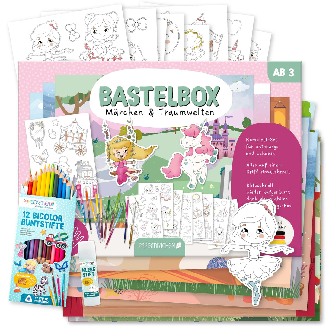 Papierdrachen Bastelbox Märchen & Traumwelten – Komplett-Set -inkl. Stanzbögen u. Hintergründen – 12