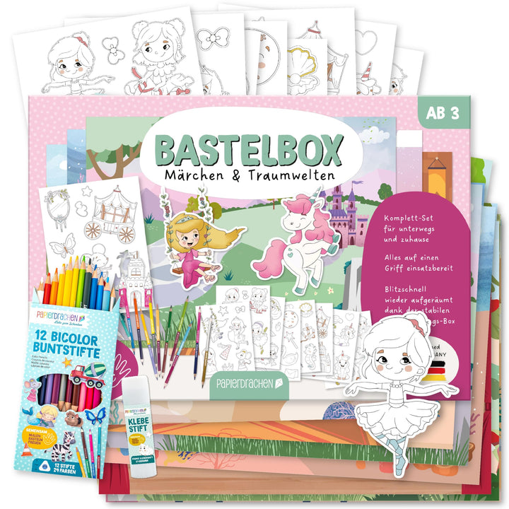 Papierdrachen Bastelbox Märchen & Traumwelten – Komplett-Set -inkl. Stanzbögen u. Hintergründen – 12