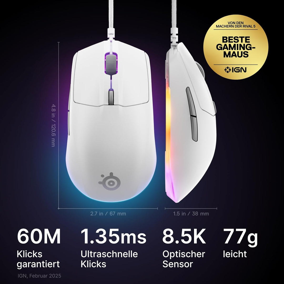 SteelSeries Rival 3 Gen 2 Gaming-Maus – 8.500 DPI TrueMove Core-Optiksensor – 60 Millionen Klicks ga