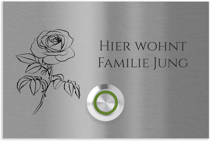 Jung-Edelstahl-Design V2A Edelstahl Türklingel London1 Motiv Rose. Klingelschild mit Gravur 12x8 cm.
