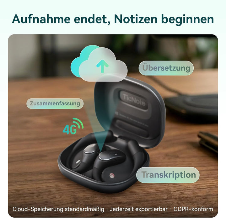 TicNote Pods Wearable KI-Sprachrekorder, 4G integriert kein Smartphone nötig – Sprachaktiviertes Auf