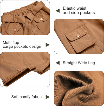 Rolanko Mädchen Baggy Cargo Hose, Elastisch Hohe Taille Gerade Weites Bein Streetwear Hose mit Mehre