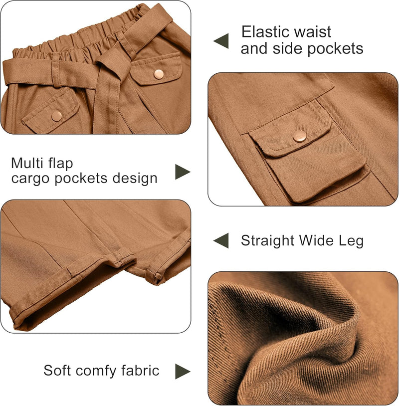 Rolanko Mädchen Baggy Cargo Hose, Elastisch Hohe Taille Gerade Weites Bein Streetwear Hose mit Mehre