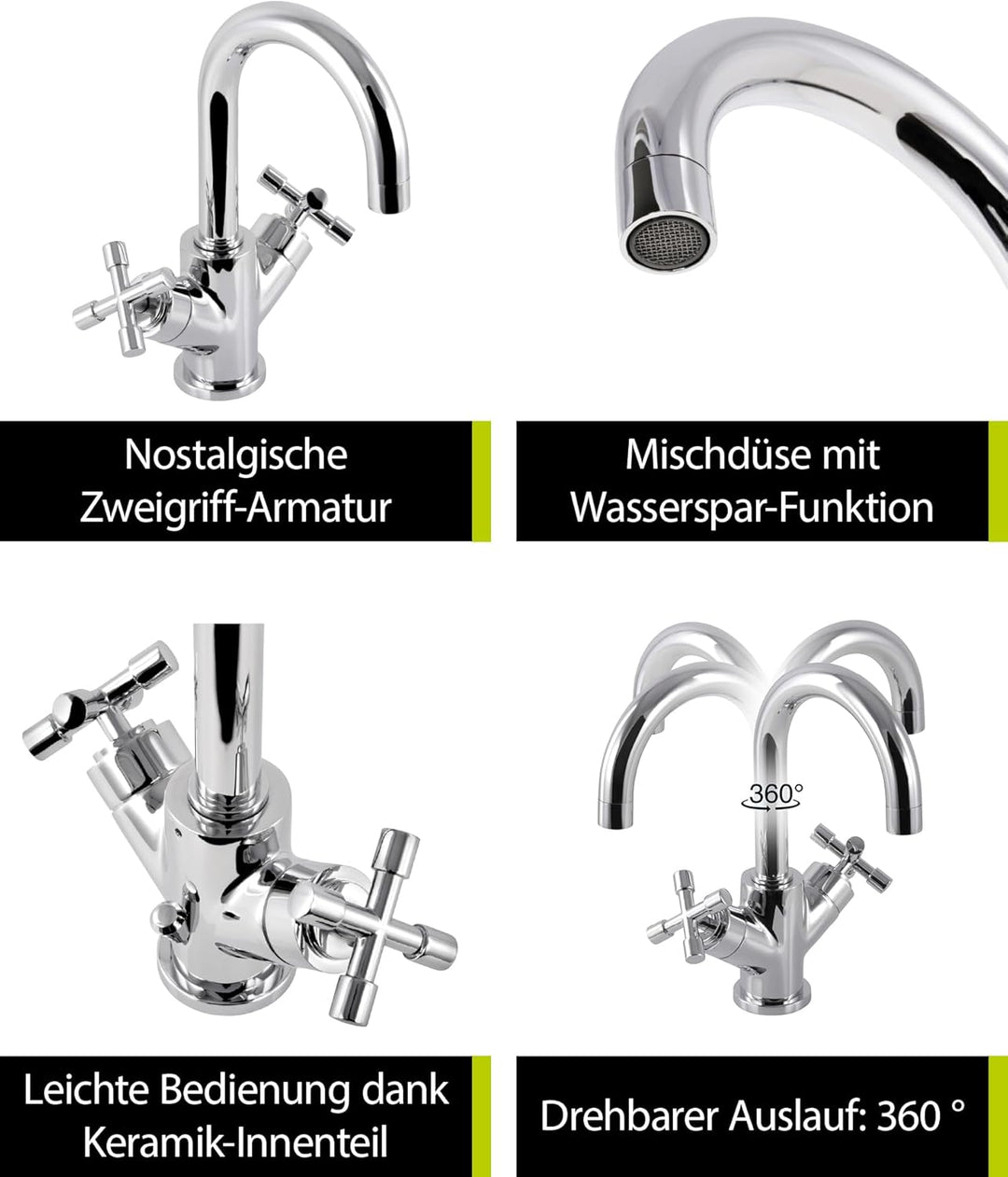 'aquaSu® Waschbeckenarmatur Sydney, Zweigriffmischer mit Wasserspar-Mischdüse, Vintage Waschtischarm