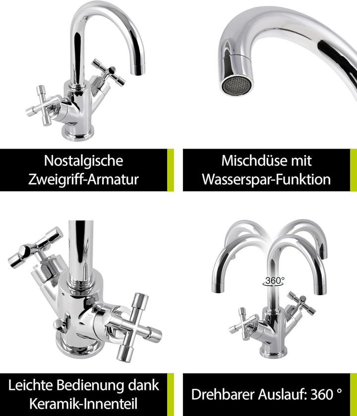 'aquaSu® Waschbeckenarmatur Sydney, Zweigriffmischer mit Wasserspar-Mischdüse, Vintage Waschtischarm
