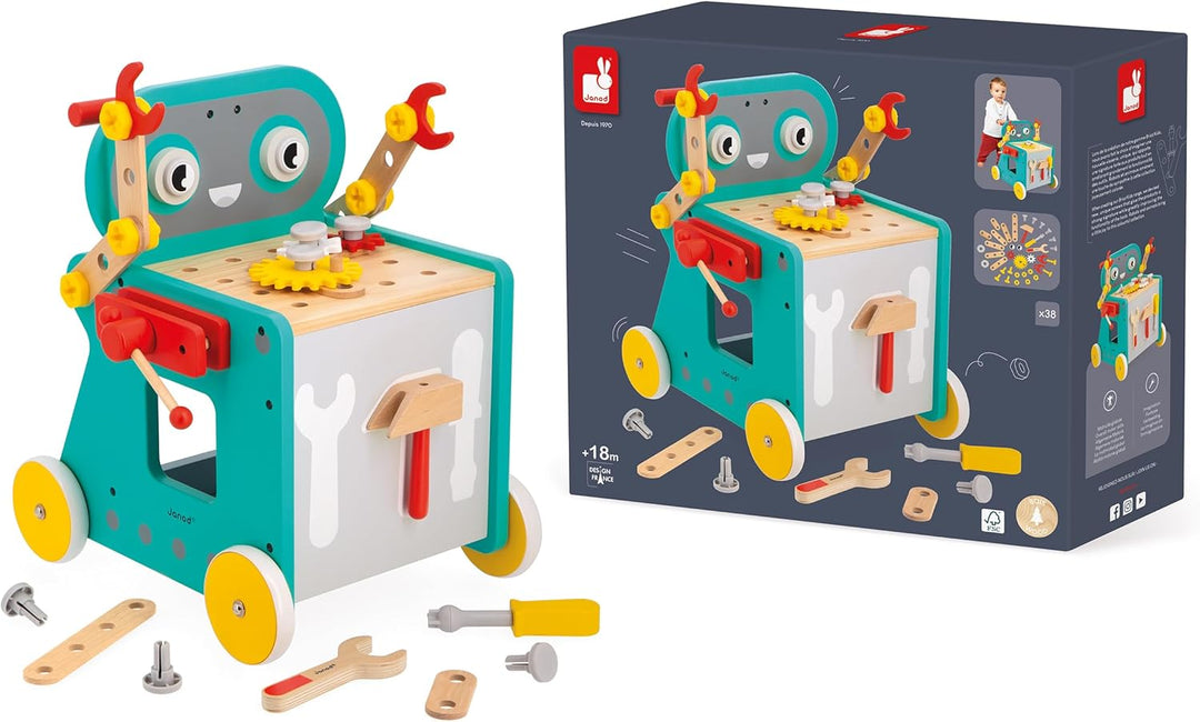 Janod - Mein erstes Konstruktionsspiel - Roboterwagen - Bastel- & Rollenspiel - 38 Zubehörteile - Fö