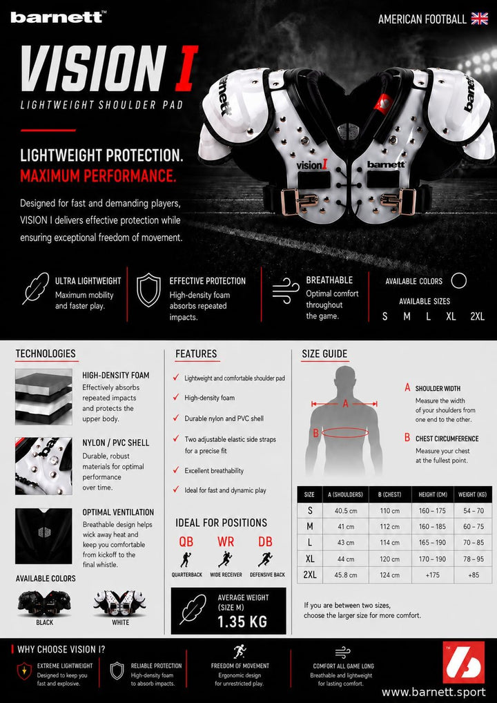 BARNETT Shoulderpad Vision I American Football Schulterschutz, sehr leicht, L