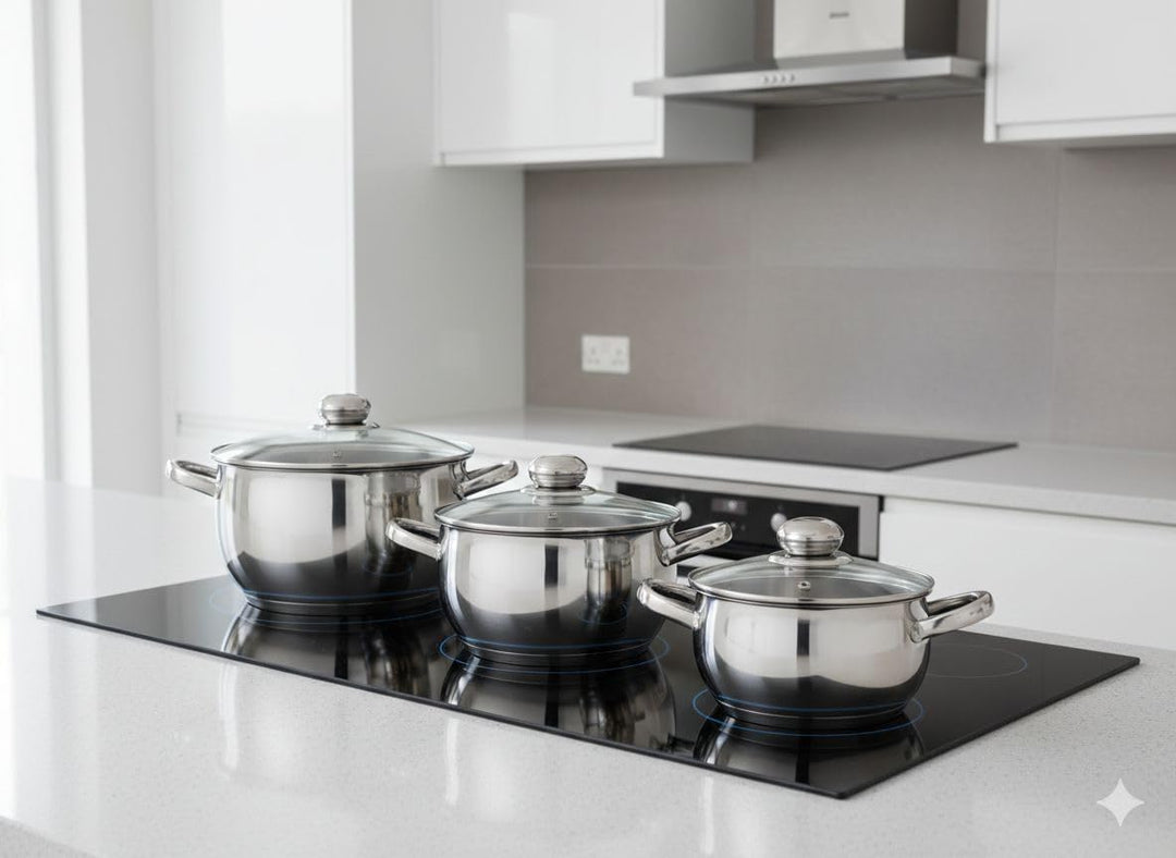 3er Edelstahl Kochtopf-Set 16 + 18 + 20cm mit Glasdeckel Induktion