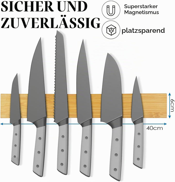 Baxcdyswe 40cm Magnetleiste Messer aus Bambus Mit Extra Starkem Magnet, Messerhalter Magnetisch Knif