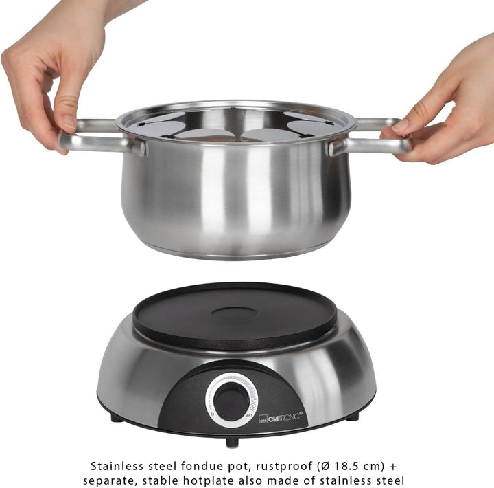 Clatronic FD 3783 elektrischer Fonduetopf, Topf mit abnehmbaren Spritzschutz, Fondue-Set für 8 Perso