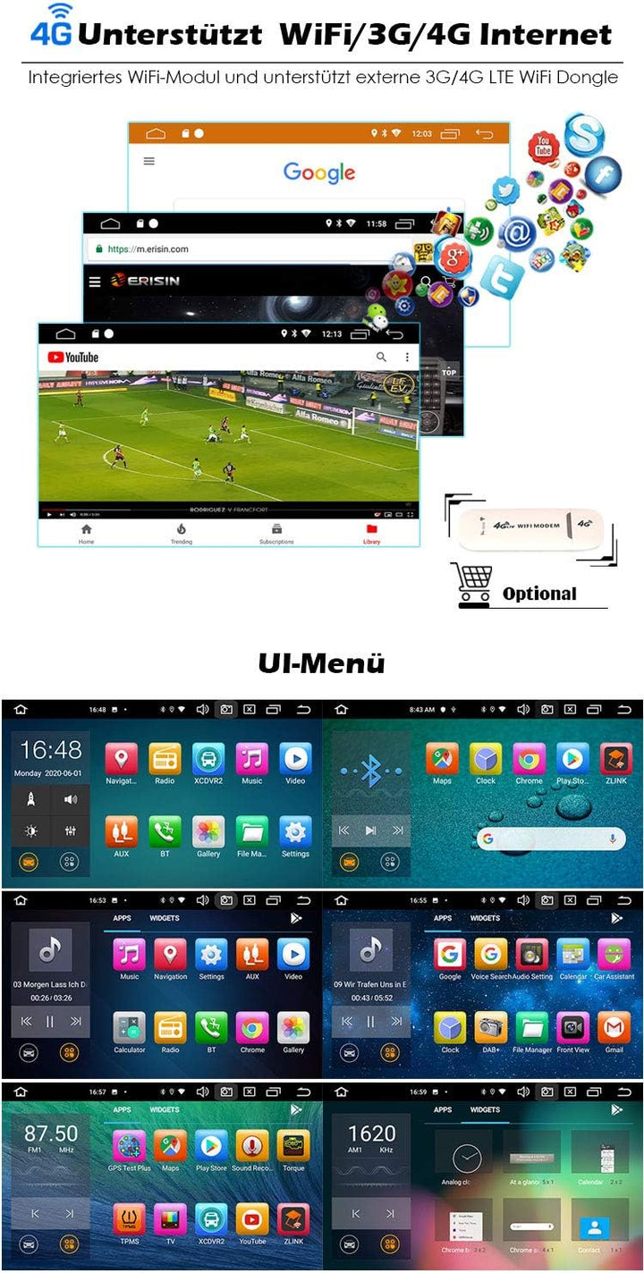 Erisin Android 10.0 8-Kern Autoradio Mit GPS für Audi A4 S4 RS4 RNS-E Seat Exeo 7 Zoll Navigation DA